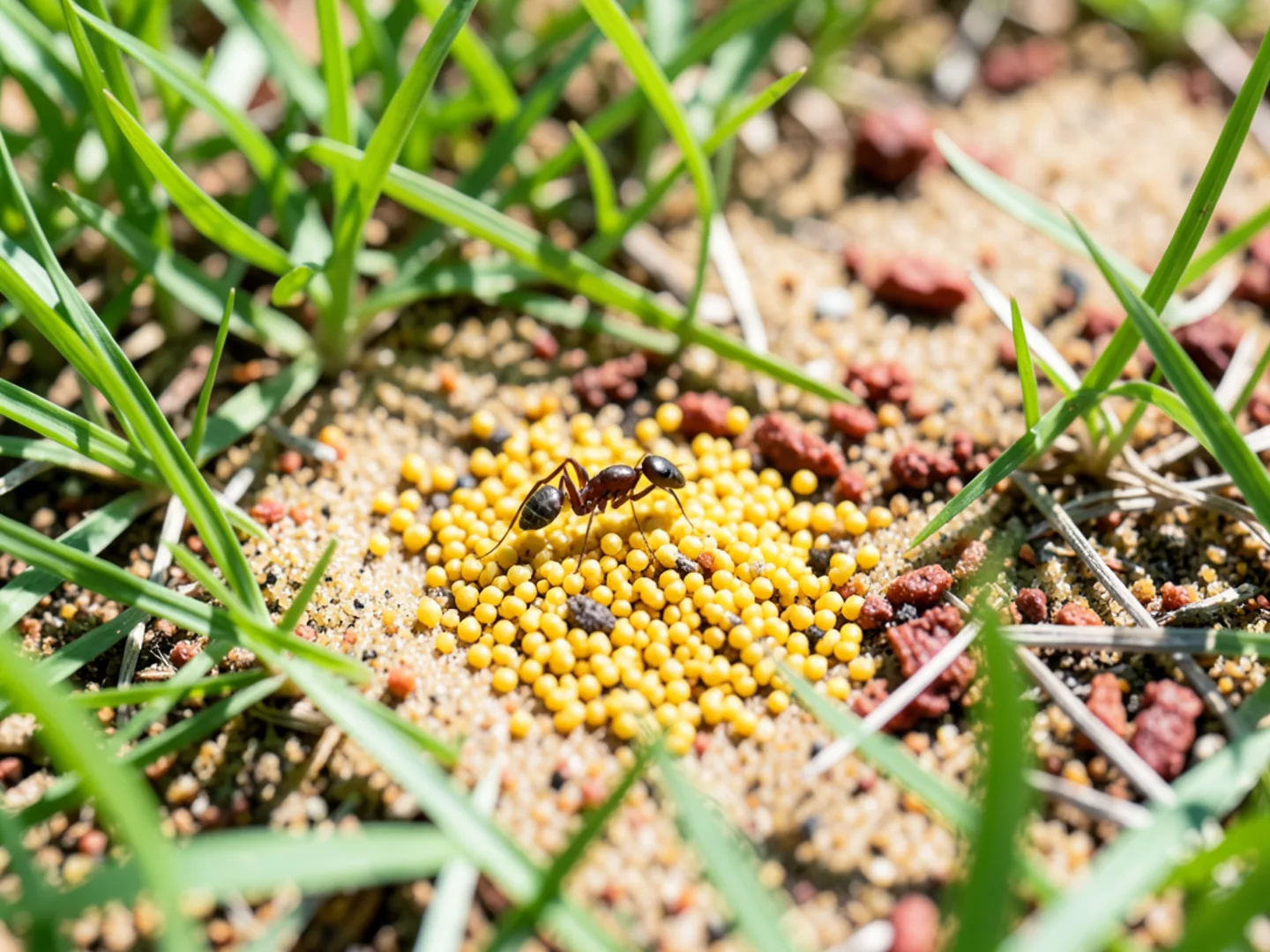 Distributing broadcast fire ant bait granules across turf