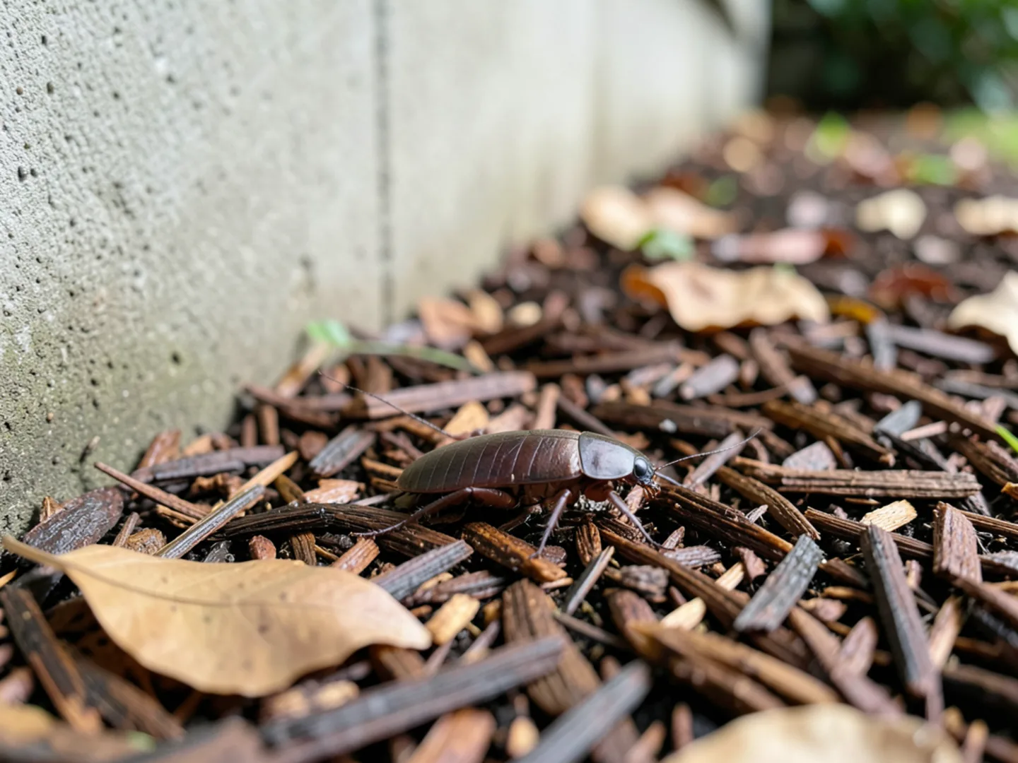 American cockroach palmetto bug in damp outdoor leaf mulch