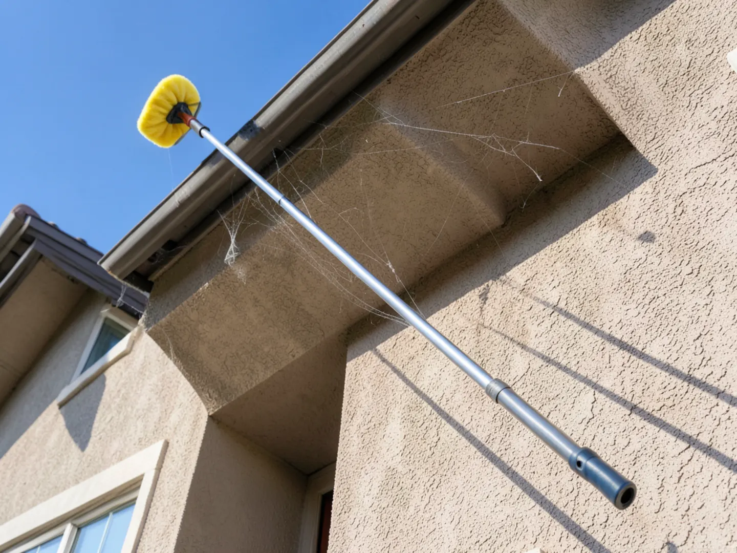 De-webbing exterior eaves with extension brush