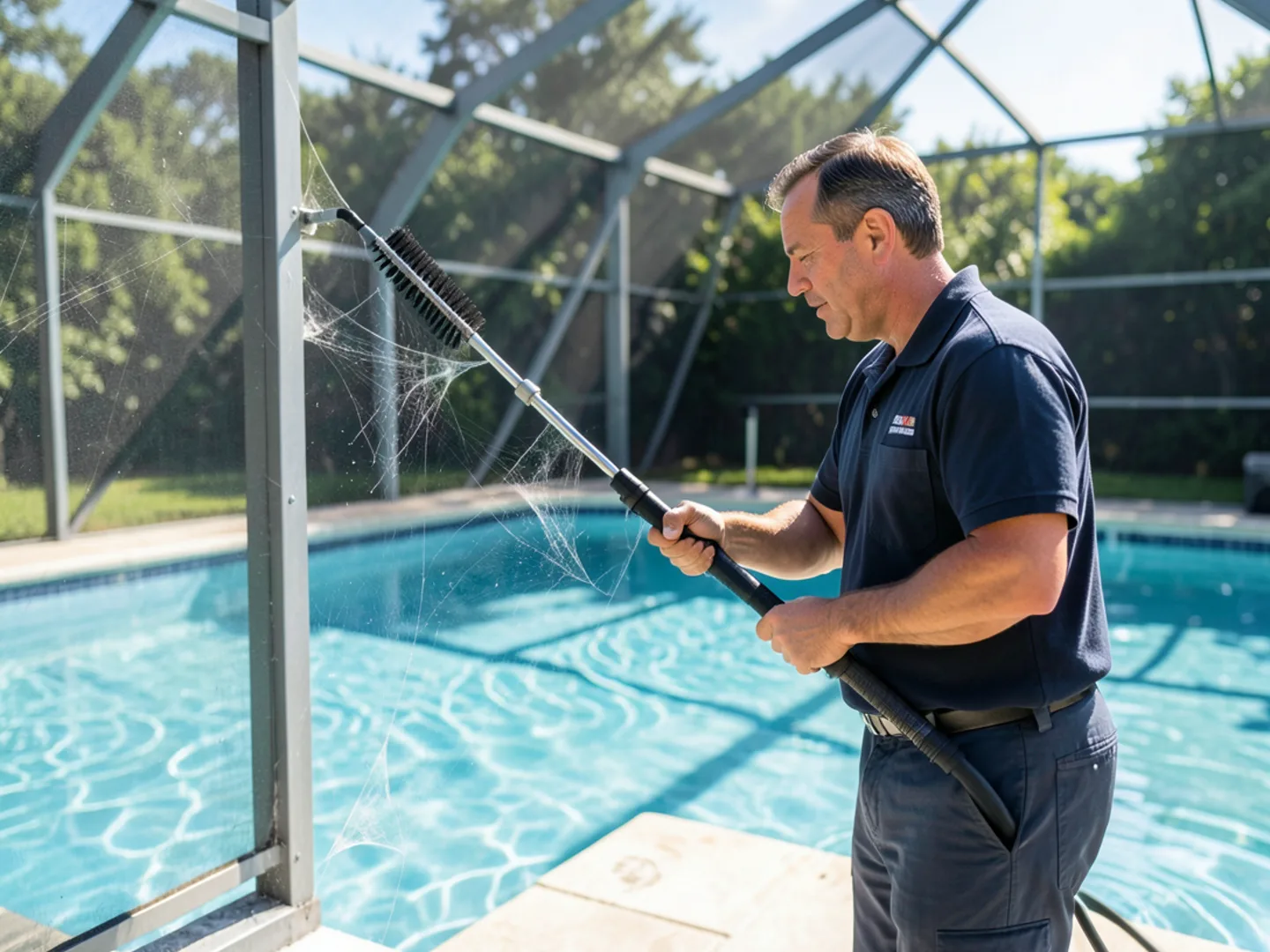De-webbing two-story pool enclosure screen in Lithia FL